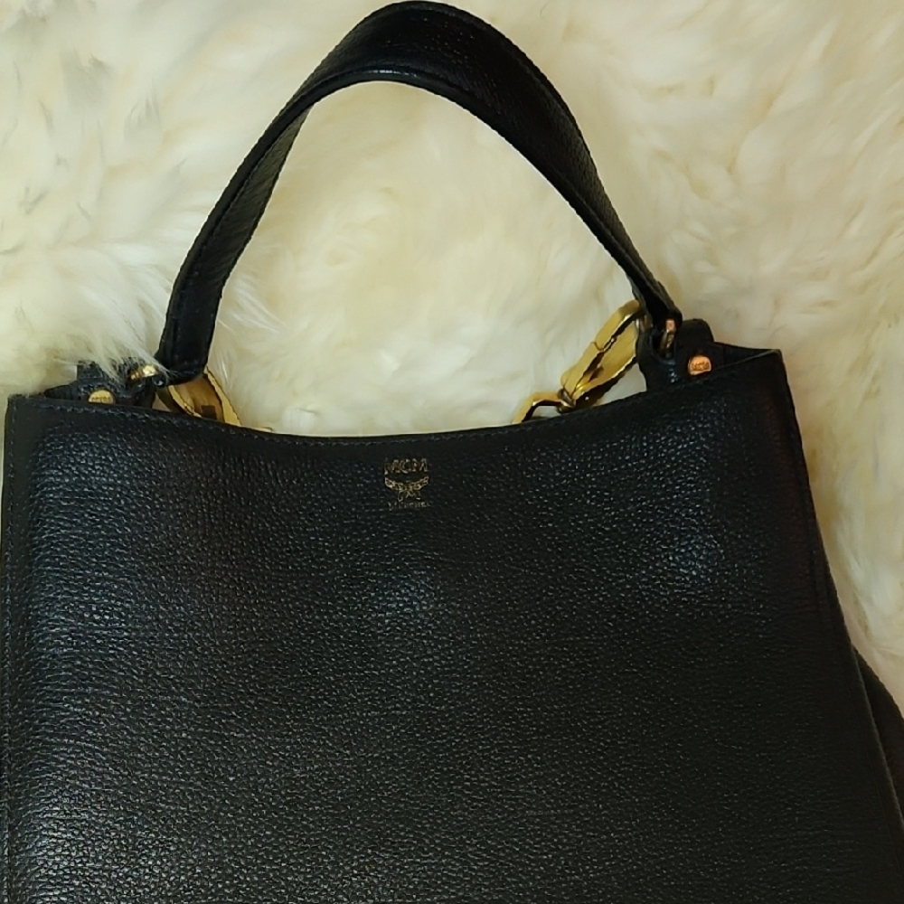 MCM Black Leather Shoulder Bag with Gold Accents